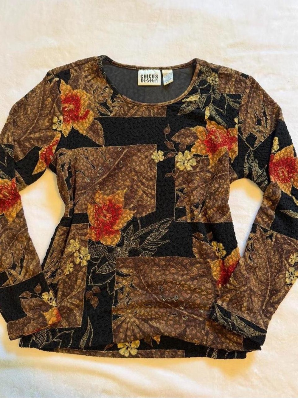Chico's Brown Patchwork Floral Long-Sleeve Top